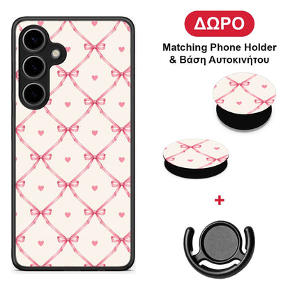 Pink Bow Lattice and Hearts on Cream - Samsung Galaxy S24 Plus θήκη + Δώρο Phone Holder & Βάση Αυτοκινήτου