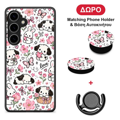 Pink Florals Puppies and Bunnies on White - Samsung Galaxy S24 Plus θήκη + Δώρο Phone Holder & Βάση Αυτοκινήτου