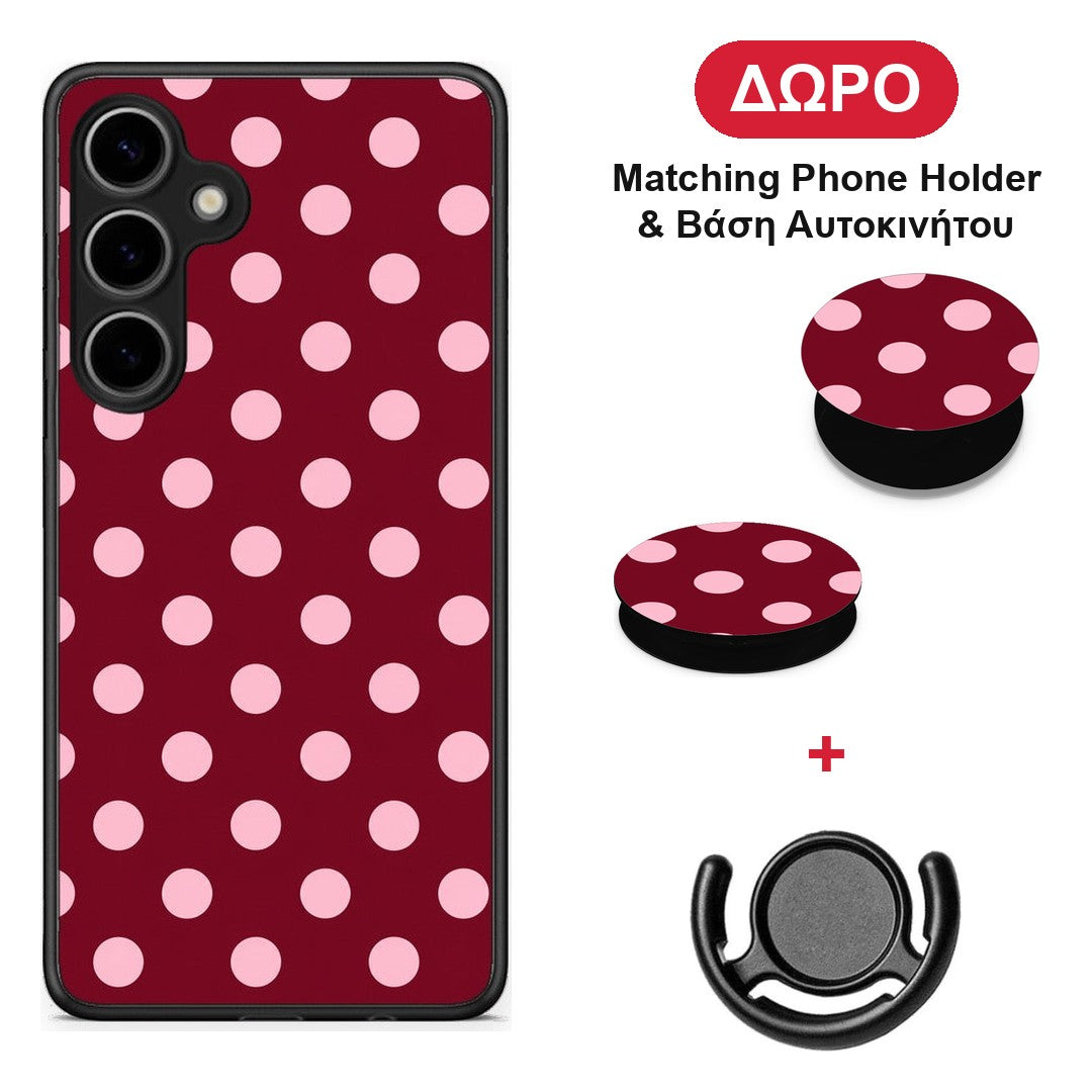 Pink Polka Dots on Burgundy - Samsung Galaxy S24 Plus θήκη + Δώρο Phone Holder & Βάση Αυτοκινήτου