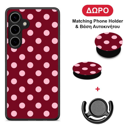 Pink Polka Dots on Burgundy - Samsung Galaxy S24 Plus θήκη + Δώρο Phone Holder & Βάση Αυτοκινήτου