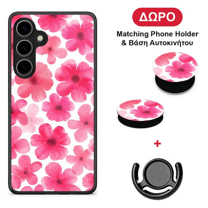 Pink Watercolour Flowers on White - Samsung Galaxy S24 Plus θήκη + Δώρο Phone Holder & Βάση Αυτοκινήτου