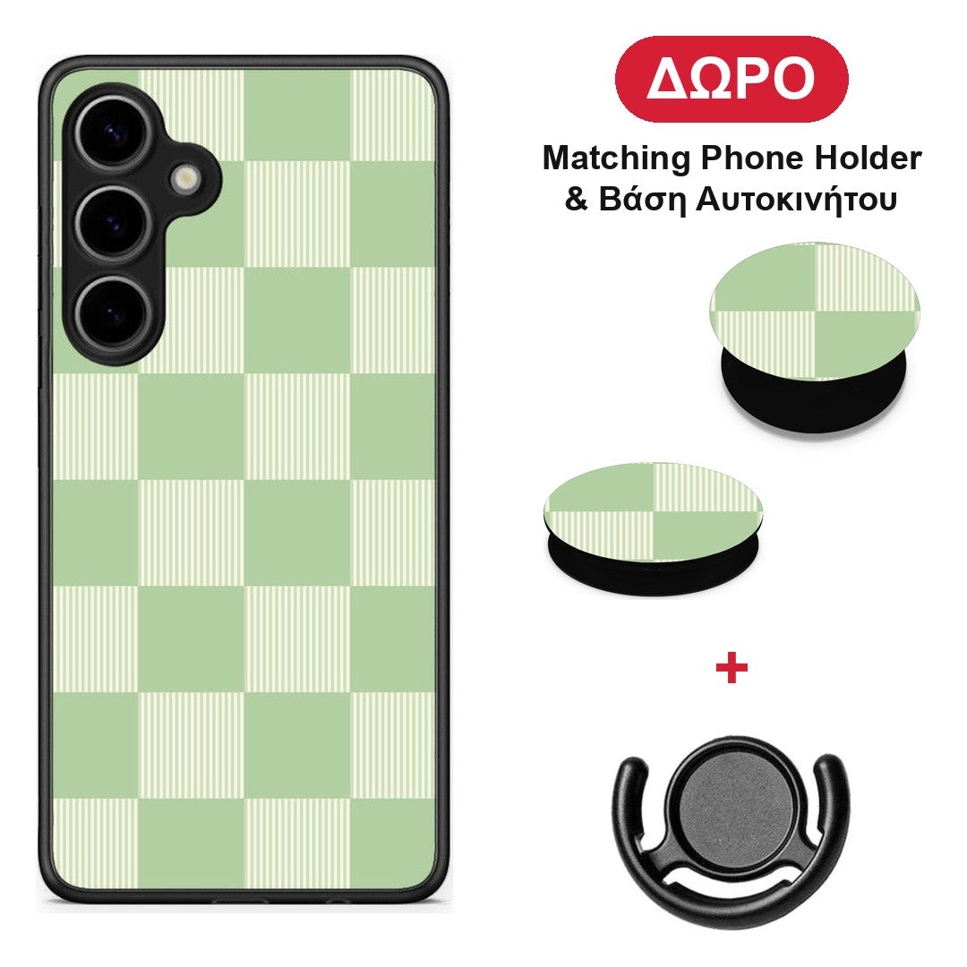 Sage and Cream Striped Checks - Samsung Galaxy S24 Plus θήκη + Δώρο Phone Holder & Βάση Αυτοκινήτου