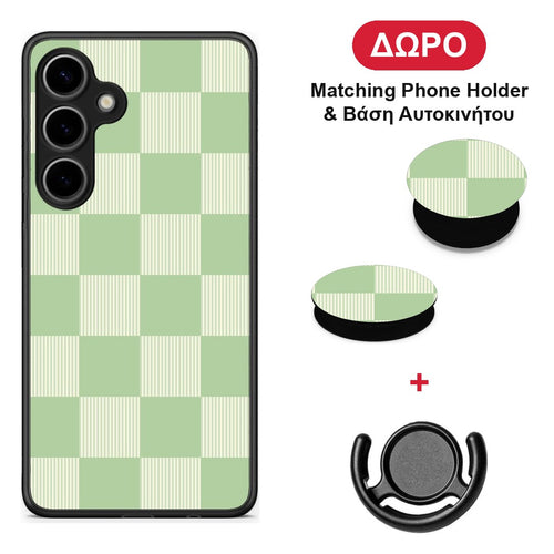Sage and Cream Striped Checks - Samsung Galaxy S24 Plus θήκη + Δώρο Phone Holder & Βάση Αυτοκινήτου