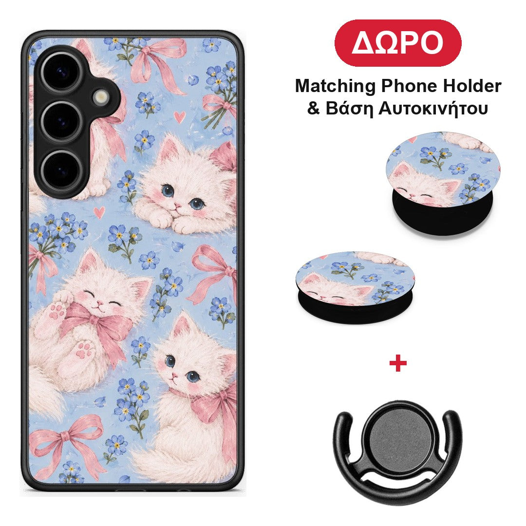 White Kittens and Blue Flowers Large - Samsung Galaxy S24 Plus θήκη + Δώρο Phone Holder & Βάση Αυτοκινήτου