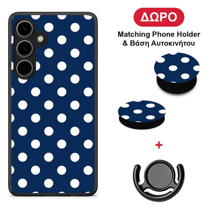 White Large Polka Dots on Navy - Samsung Galaxy S24 Plus θήκη + Δώρο Phone Holder & Βάση Αυτοκινήτου