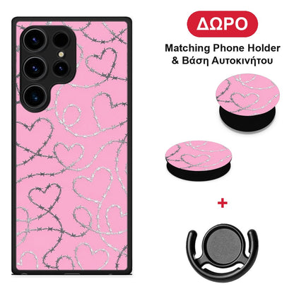Barbed Wire Hearts on Pink - Samsung Galaxy S24 Ultra θήκη + Δώρο Phone Holder & Βάση Αυτοκινήτου