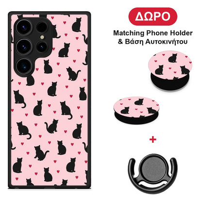 Black Cat Silhouettes and Hearts on Pink - Samsung Galaxy S24 Ultra θήκη + Δώρο Phone Holder & Βάση Αυτοκινήτου
