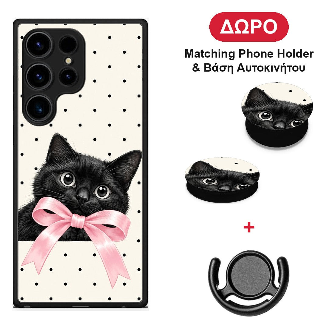 Black Kitten Pink Bow and Polka Dots - Samsung Galaxy S24 Ultra θήκη + Δώρο Phone Holder & Βάση Αυτοκινήτου