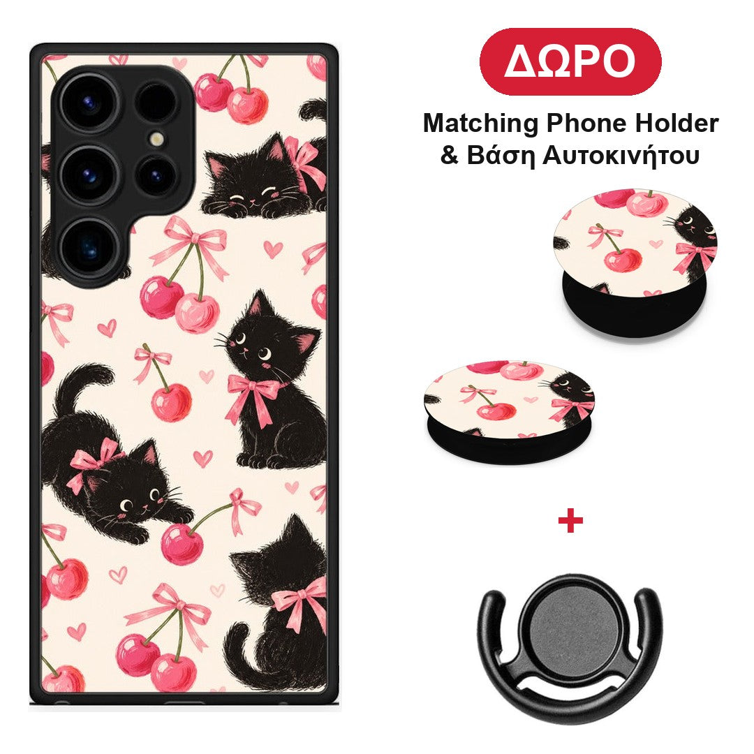 Black Kittens and Cherries on Cream - Samsung Galaxy S24 Ultra θήκη + Δώρο Phone Holder & Βάση Αυτοκινήτου