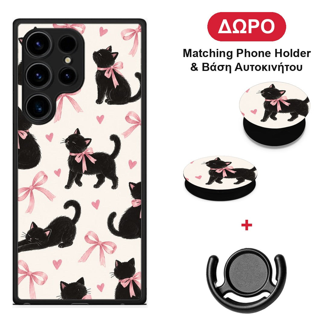 Black Kittens and Pink Bows on Cream Large - Samsung Galaxy S24 Ultra θήκη + Δώρο Phone Holder & Βάση Αυτοκινήτου