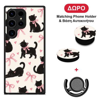 Black Kittens and Pink Bows on Cream Large - Samsung Galaxy S24 Ultra θήκη + Δώρο Phone Holder & Βάση Αυτοκινήτου