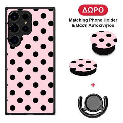Black Polka Dots on Pink - Samsung Galaxy S24 Ultra θήκη + Δώρο Phone Holder & Βάση Αυτοκινήτου
