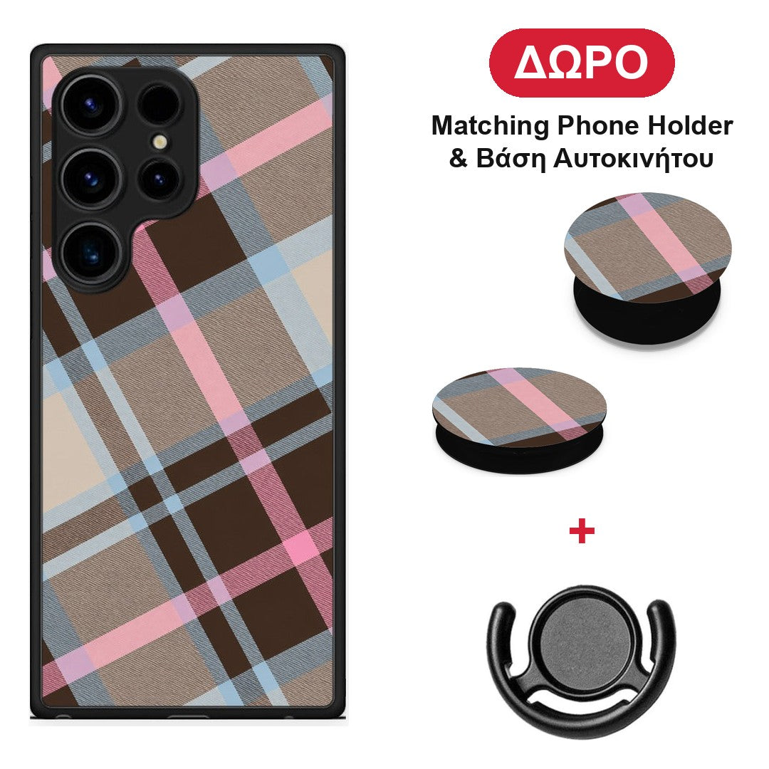 Brown Pink and Blue Diagonal Plaid - Samsung Galaxy S24 Ultra θήκη + Δώρο Phone Holder & Βάση Αυτοκινήτου