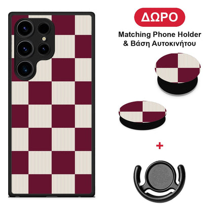Burgundy and Cream Striped Checks - Samsung Galaxy S24 Ultra θήκη + Δώρο Phone Holder & Βάση Αυτοκινήτου