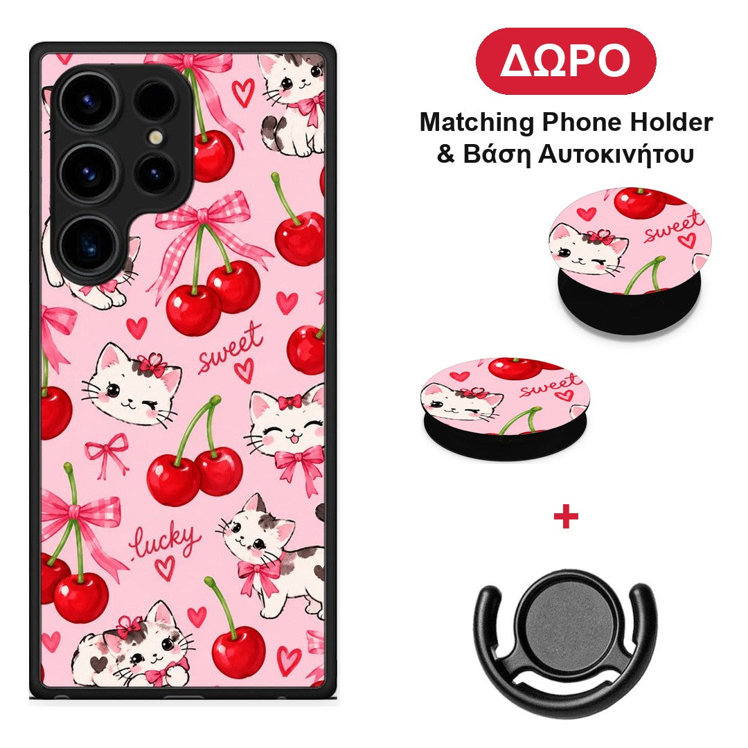 Cherries Bows and Kittens on Pink - Samsung Galaxy S24 Ultra θήκη + Δώρο Phone Holder & Βάση Αυτοκινήτου