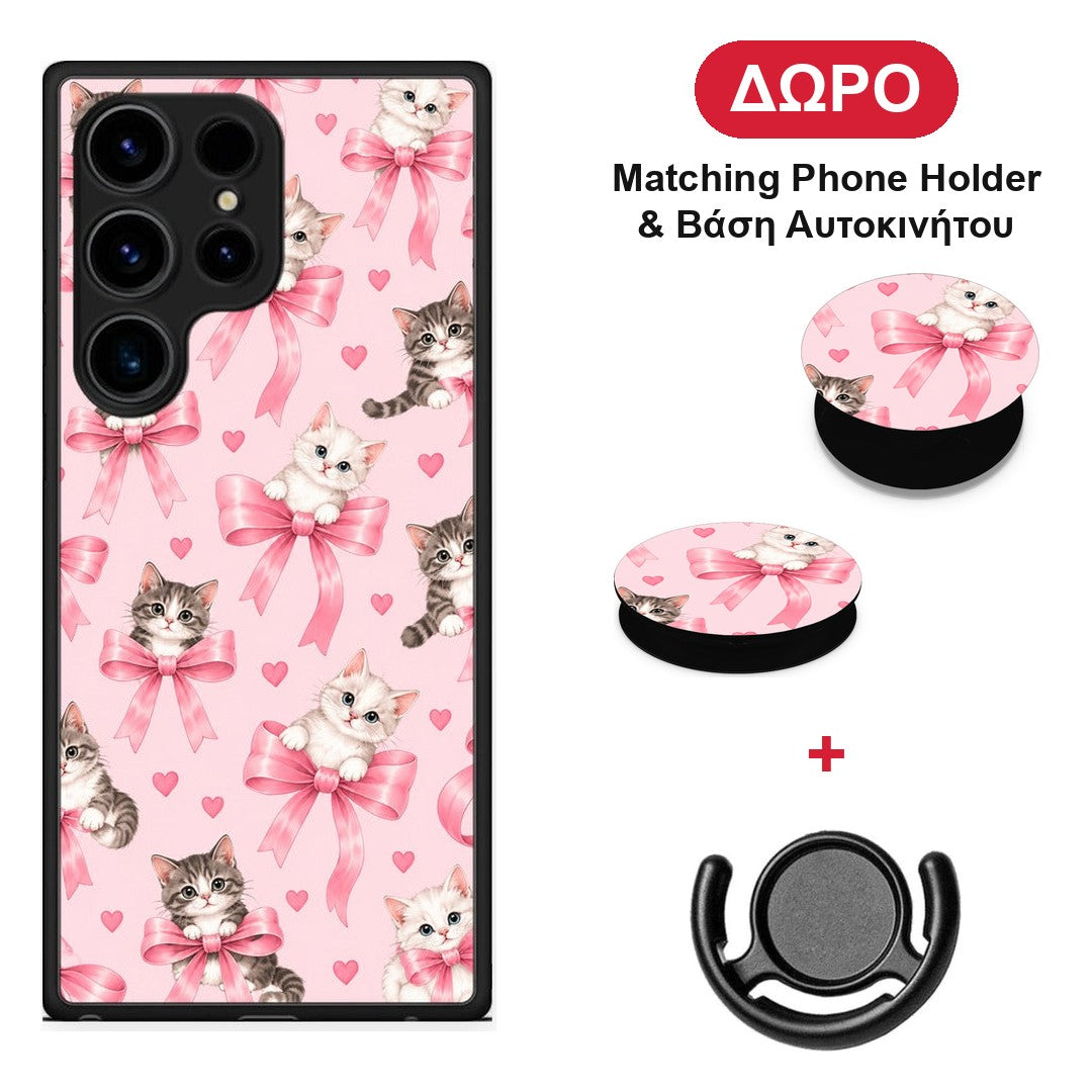 Kittens and Pink Bows on Pink - Samsung Galaxy S24 Ultra θήκη + Δώρο Phone Holder & Βάση Αυτοκινήτου