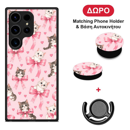 Kittens and Pink Bows on Pink - Samsung Galaxy S24 Ultra θήκη + Δώρο Phone Holder & Βάση Αυτοκινήτου