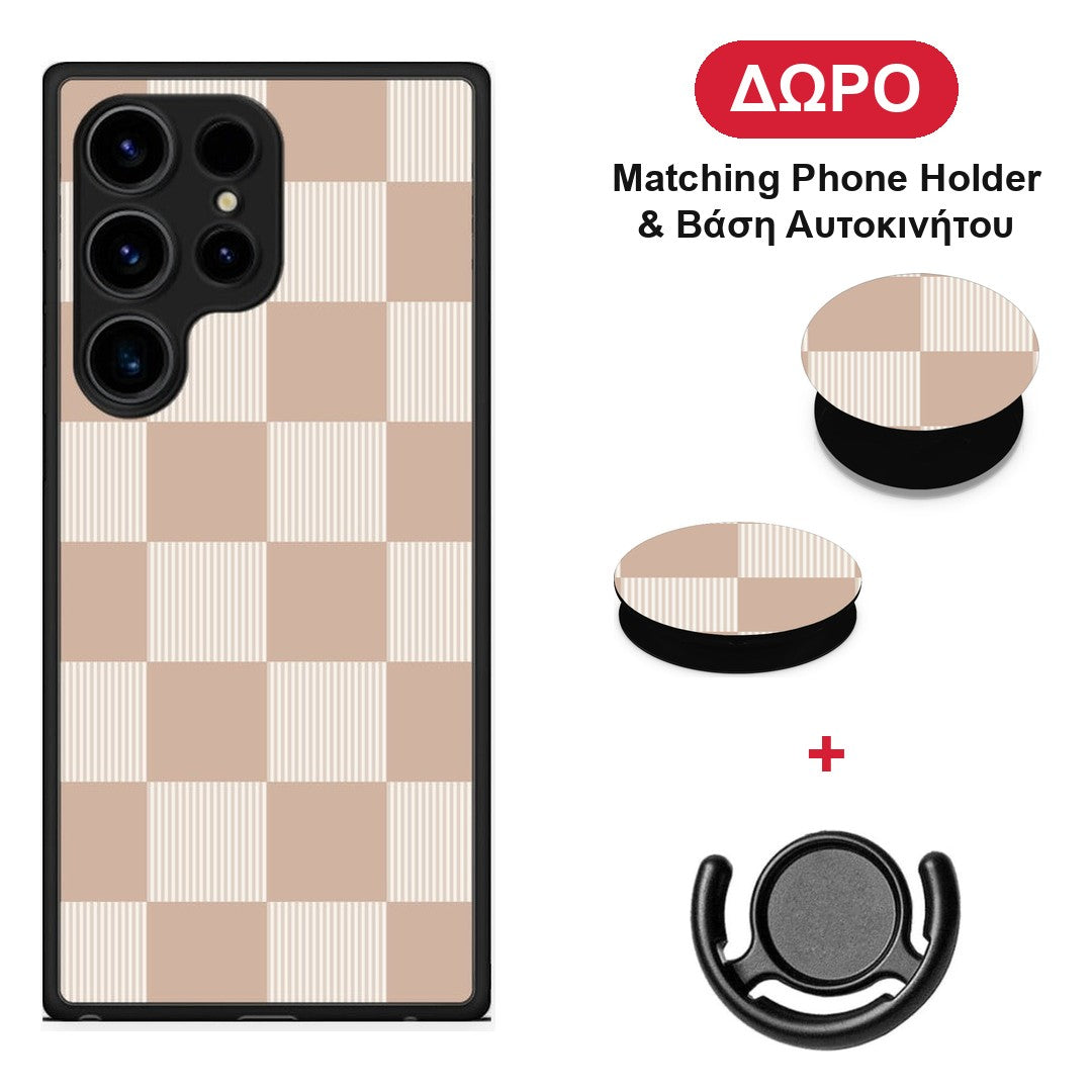 Latte and Cream Striped Checks - Samsung Galaxy S24 Ultra θήκη + Δώρο Phone Holder & Βάση Αυτοκινήτου