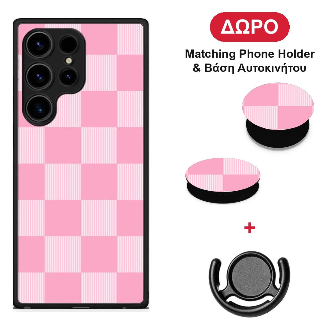 Pink and White Striped Checks - Samsung Galaxy S24 Ultra θήκη + Δώρο Phone Holder & Βάση Αυτοκινήτου
