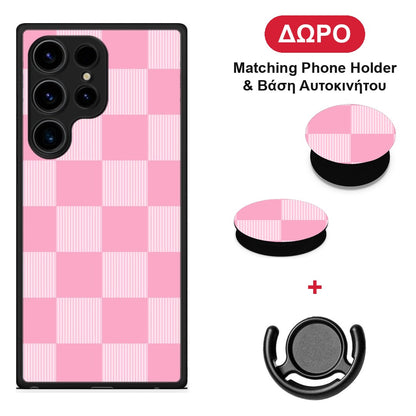 Pink and White Striped Checks - Samsung Galaxy S24 Ultra θήκη + Δώρο Phone Holder & Βάση Αυτοκινήτου