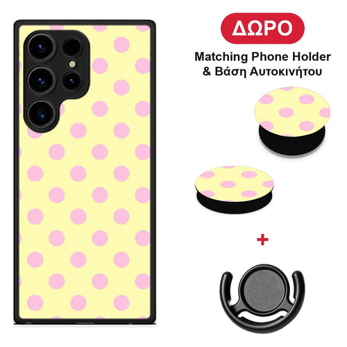 Pink Polka Dots on Yellow - Samsung Galaxy S24 Ultra θήκη + Δώρο Phone Holder & Βάση Αυτοκινήτου