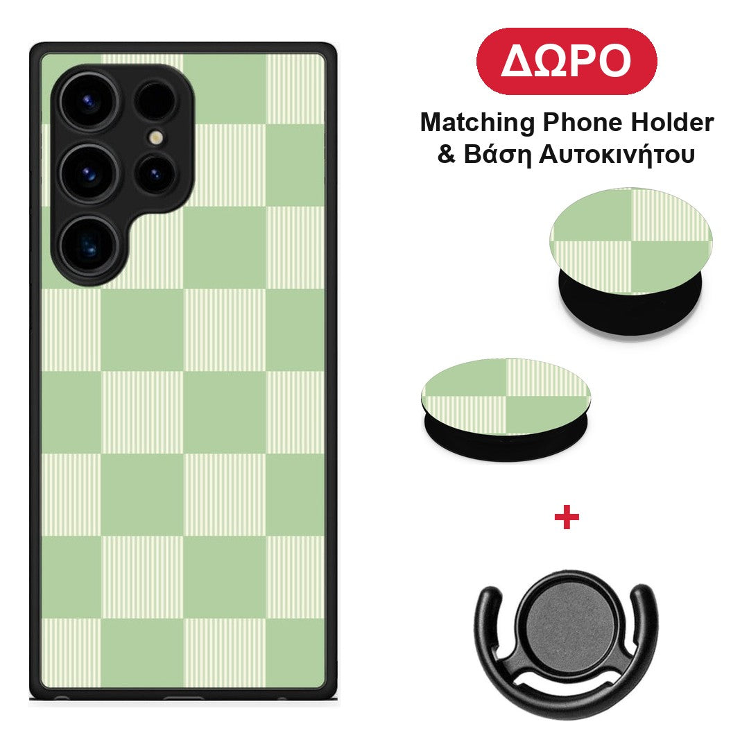 Sage and Cream Striped Checks - Samsung Galaxy S24 Ultra θήκη + Δώρο Phone Holder & Βάση Αυτοκινήτου