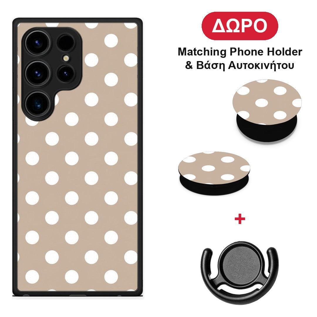White Polka Dots on Taupe - Samsung Galaxy S24 Ultra θήκη + Δώρο Phone Holder & Βάση Αυτοκινήτου