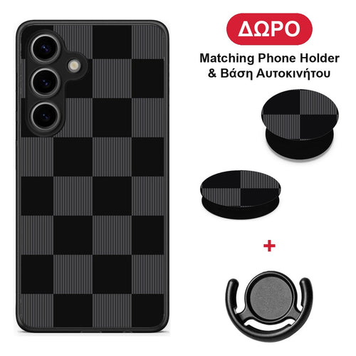 Black and Charcoal Striped Checks - Samsung Galaxy S25 θήκη + Δώρο Phone Holder & Βάση Αυτοκινήτου