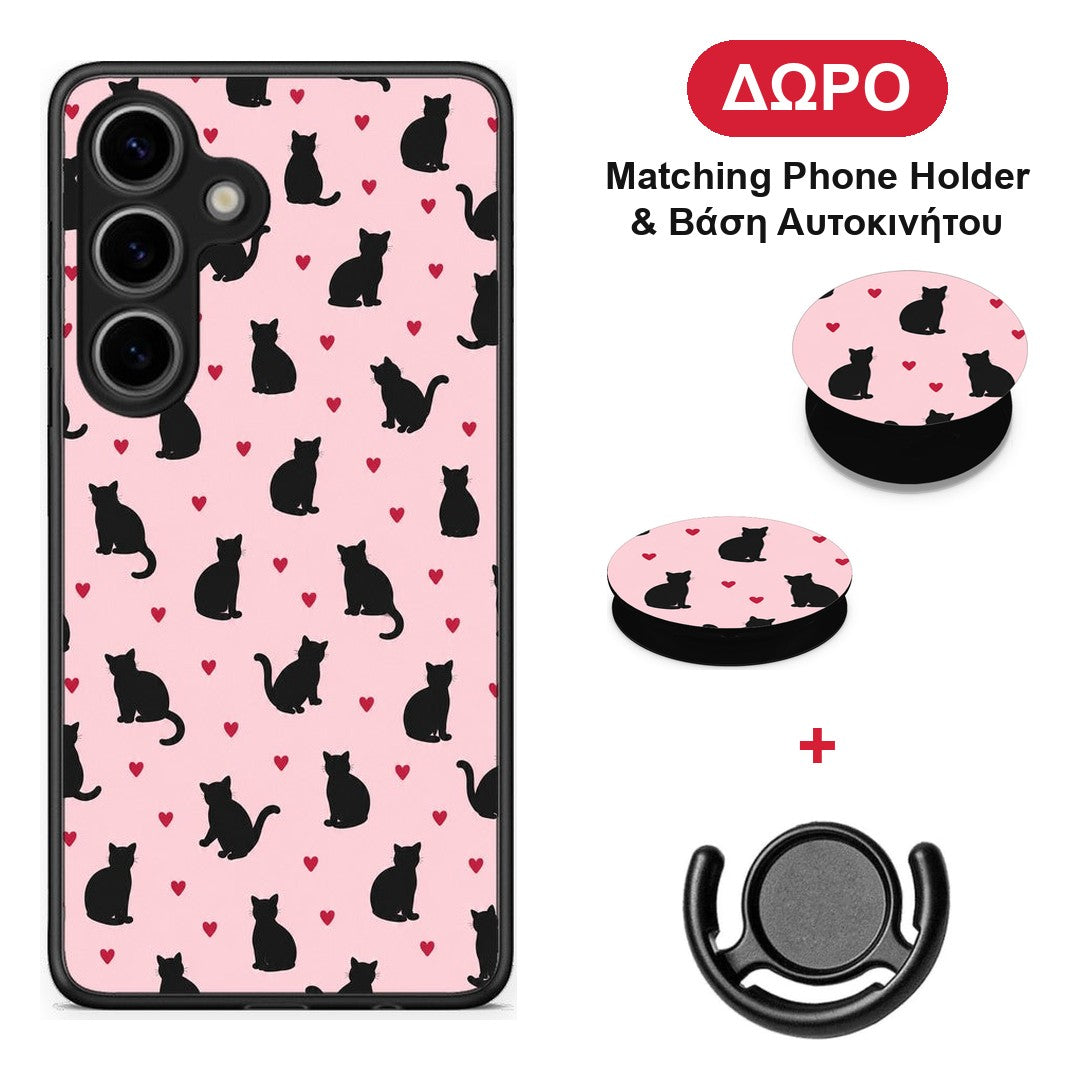 Black Cat Silhouettes and Hearts on Pink - Samsung Galaxy S25 θήκη + Δώρο Phone Holder & Βάση Αυτοκινήτου