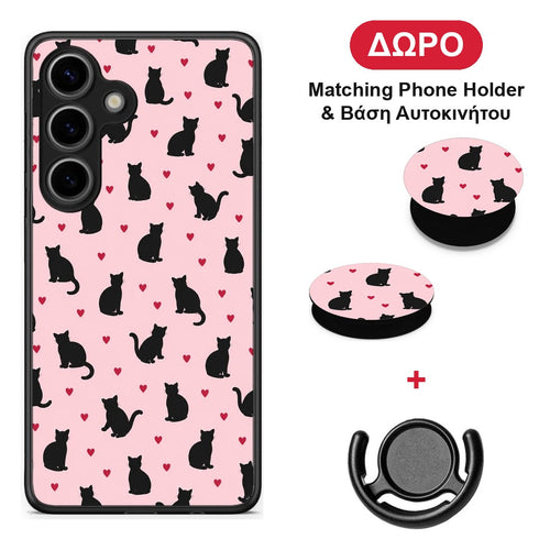 Black Cat Silhouettes and Hearts on Pink - Samsung Galaxy S25 θήκη + Δώρο Phone Holder & Βάση Αυτοκινήτου