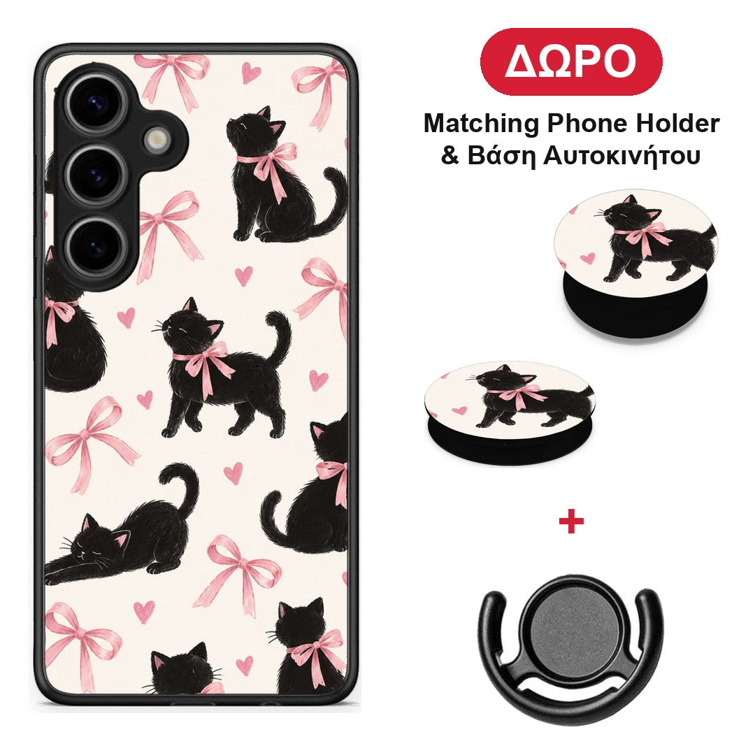 Black Kittens and Pink Bows on Cream Large - Samsung Galaxy S25 θήκη + Δώρο Phone Holder & Βάση Αυτοκινήτου