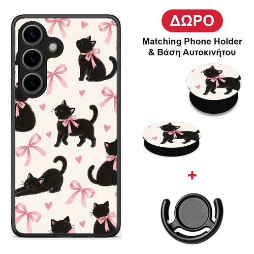 Black Kittens and Pink Bows on Cream Large - Samsung Galaxy S25 θήκη + Δώρο Phone Holder & Βάση Αυτοκινήτου