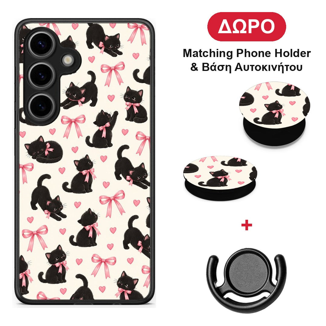 Black Kittens and Pink Bows on Cream Small - Samsung Galaxy S25 θήκη + Δώρο Phone Holder & Βάση Αυτοκινήτου