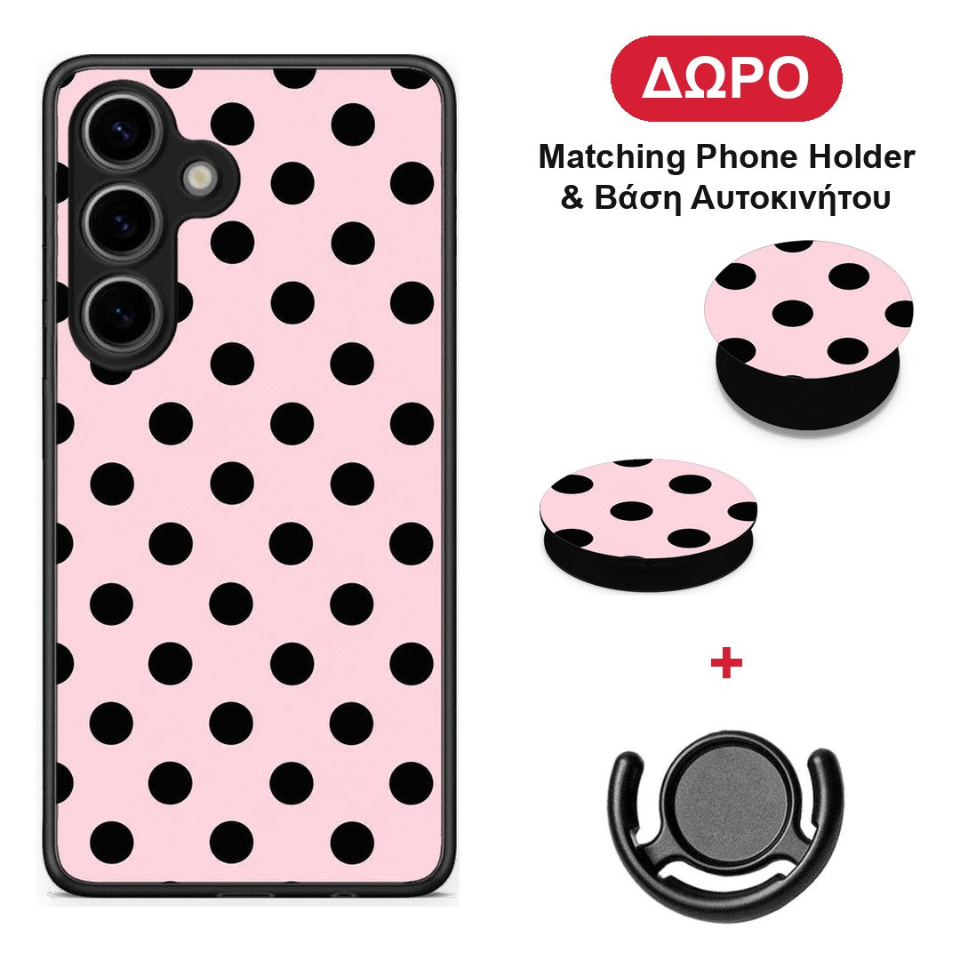 Black Polka Dots on Pink - Samsung Galaxy S25 θήκη + Δώρο Phone Holder & Βάση Αυτοκινήτου