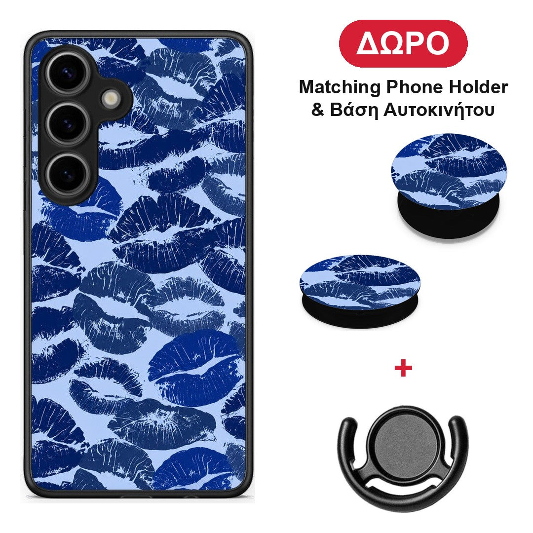 Blue Lipstick Kisses - Samsung Galaxy S25 θήκη + Δώρο Phone Holder & Βάση Αυτοκινήτου