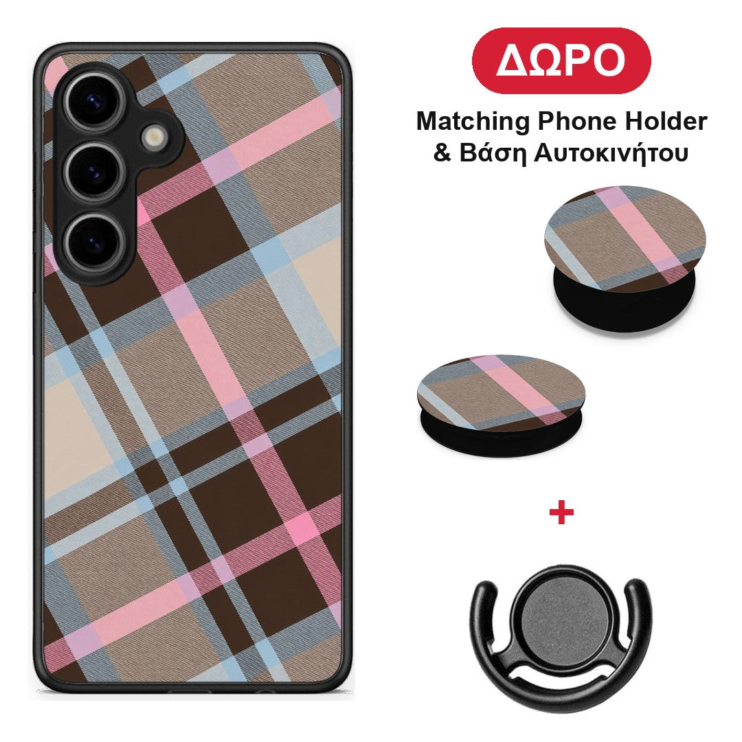 Brown Pink and Blue Diagonal Plaid - Samsung Galaxy S25 θήκη + Δώρο Phone Holder & Βάση Αυτοκινήτου