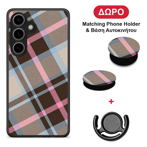 Brown Pink and Blue Diagonal Plaid - Samsung Galaxy S25 θήκη + Δώρο Phone Holder & Βάση Αυτοκινήτου