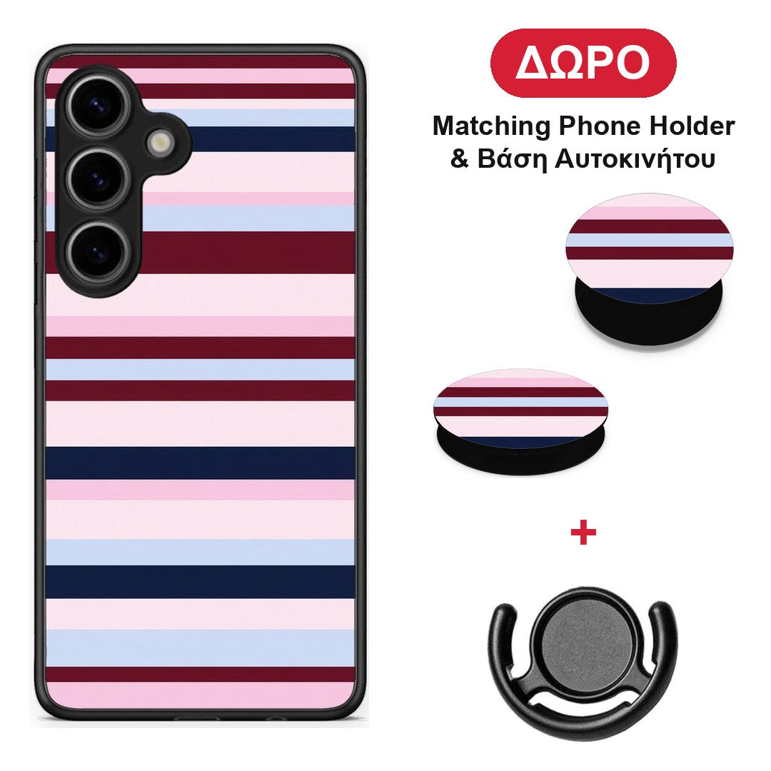 Burgundy Pink and Blue Horizontal Stripes - Samsung Galaxy S25 θήκη + Δώρο Phone Holder & Βάση Αυτοκινήτου