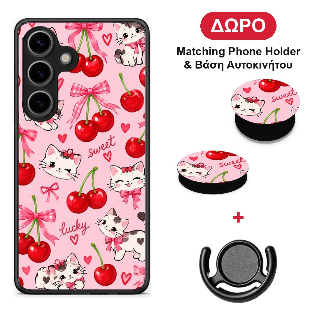 Cherries Bows and Kittens on Pink - Samsung Galaxy S25 θήκη + Δώρο Phone Holder & Βάση Αυτοκινήτου
