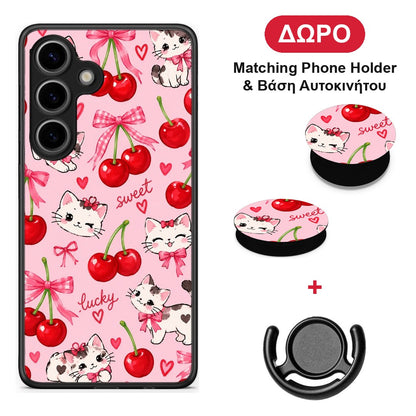 Cherries Bows and Kittens on Pink - Samsung Galaxy S25 θήκη + Δώρο Phone Holder & Βάση Αυτοκινήτου
