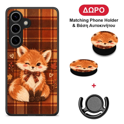 Fox on Autumn Tartan - Samsung Galaxy S25 θήκη + Δώρο Phone Holder & Βάση Αυτοκινήτου