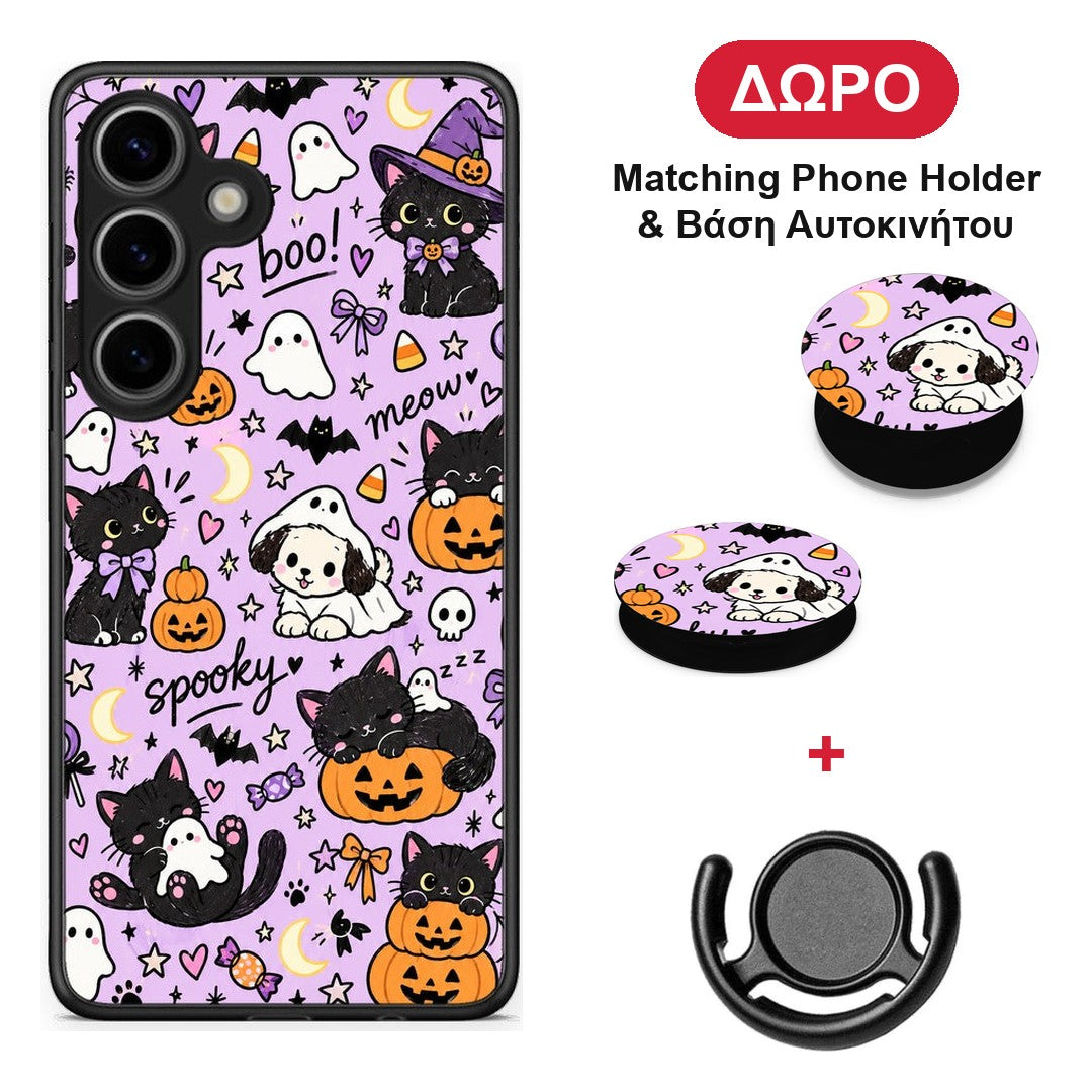 Halloween Black Cats on Lilac - Samsung Galaxy S25 θήκη + Δώρο Phone Holder & Βάση Αυτοκινήτου
