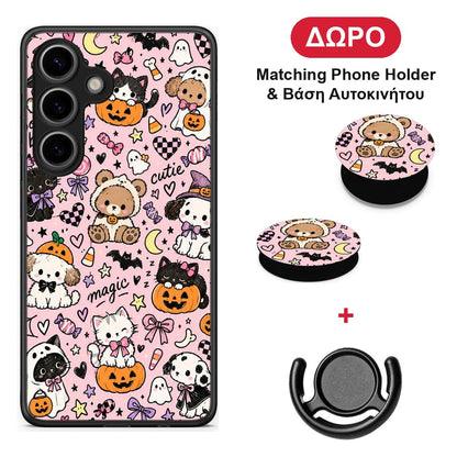 Halloween Cute Animals on Pink - Samsung Galaxy S25 θήκη + Δώρο Phone Holder & Βάση Αυτοκινήτου