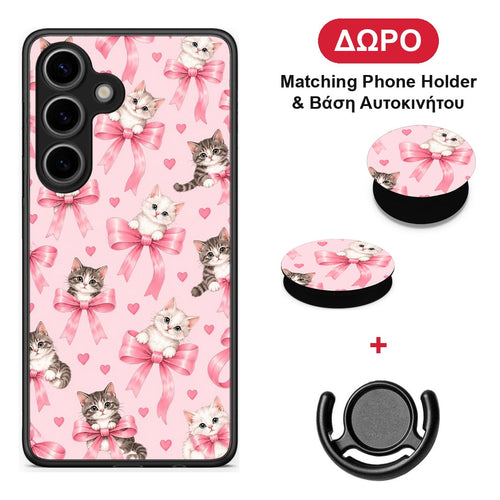 Kittens and Pink Bows on Pink - Samsung Galaxy S25 θήκη + Δώρο Phone Holder & Βάση Αυτοκινήτου