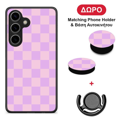 Lavender and Pink Checkerboard - Samsung Galaxy S25 θήκη + Δώρο Phone Holder & Βάση Αυτοκινήτου