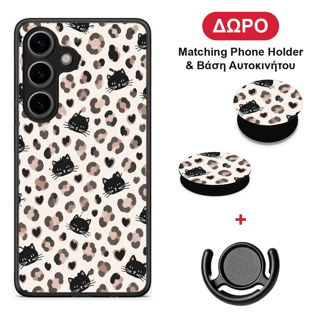 Leopard Spots and Black Cats on Cream - Samsung Galaxy S25 θήκη + Δώρο Phone Holder & Βάση Αυτοκινήτου