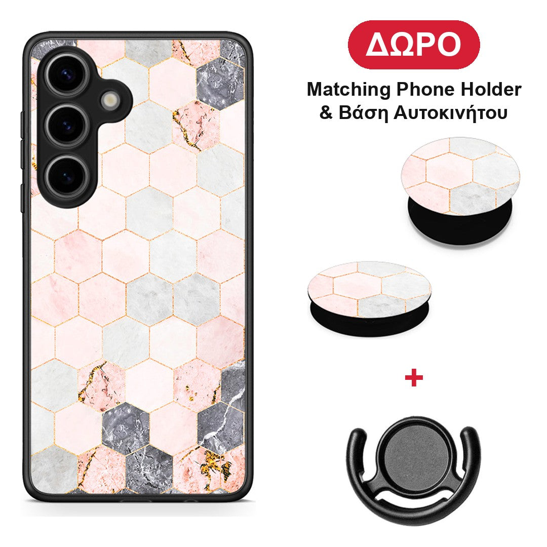 Marble Hexagon Pink - Samsung Galaxy S25 θήκη + Δώρο Phone Holder & Βάση Αυτοκινήτου