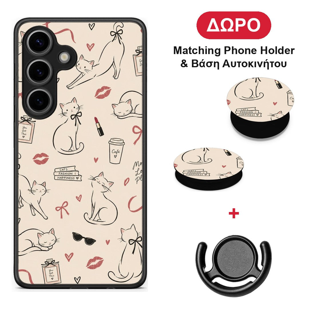 Minimal Cat and Fashion Doodles on Cream - Samsung Galaxy S25 θήκη + Δώρο Phone Holder & Βάση Αυτοκινήτου