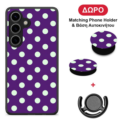 Mint Polka Dots on Purple - Samsung Galaxy S25 θήκη + Δώρο Phone Holder & Βάση Αυτοκινήτου