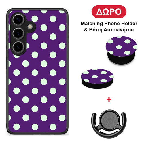 Mint Polka Dots on Purple - Samsung Galaxy S25 θήκη + Δώρο Phone Holder & Βάση Αυτοκινήτου